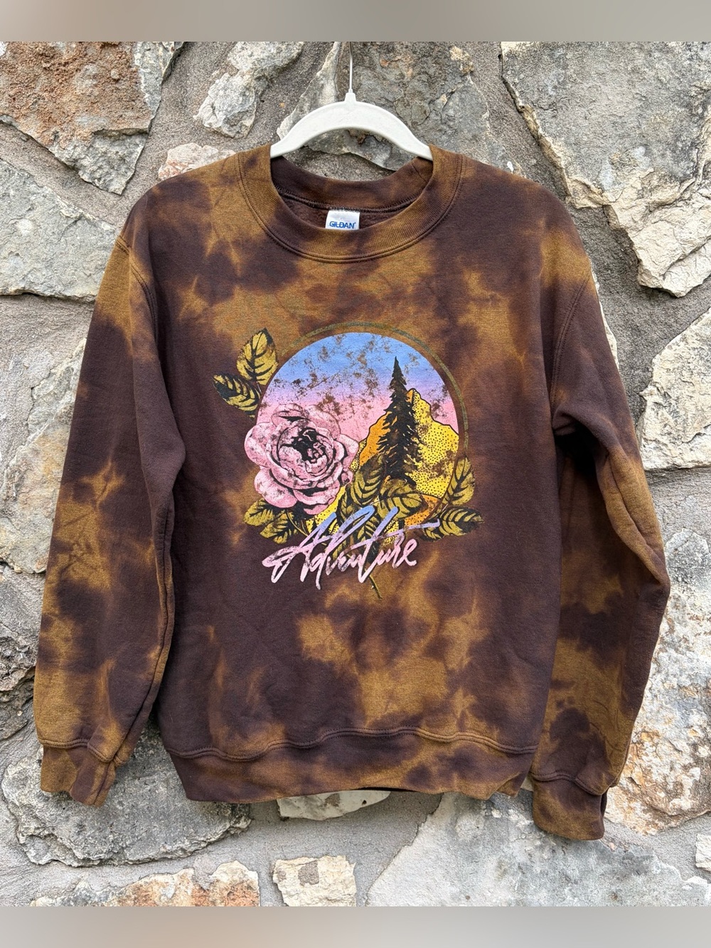 Earthy Sepia Tie-Dye travel ADVENTURE Crewneck Boho Sweatshirt SMALL